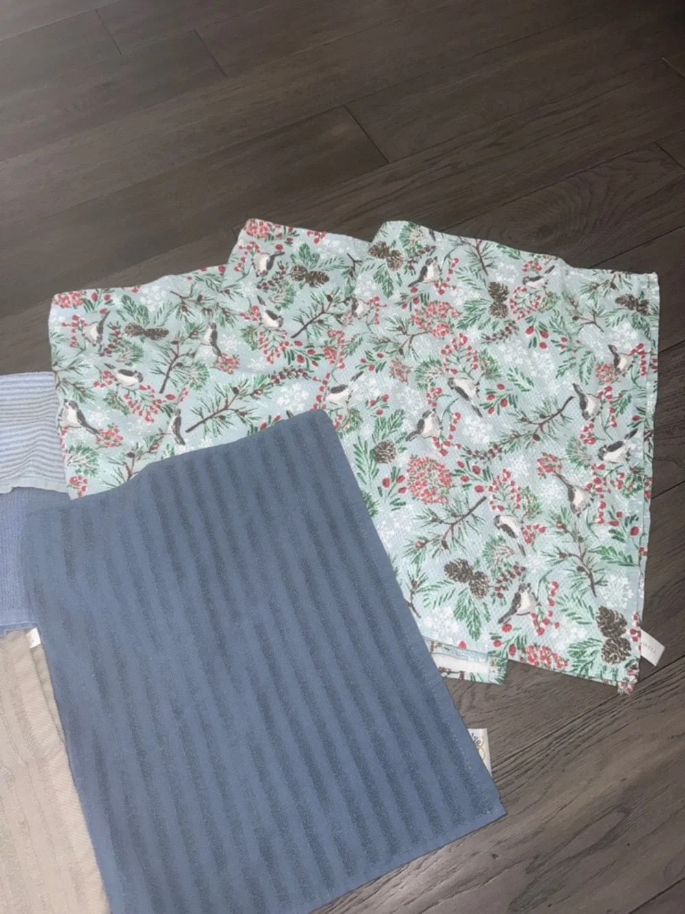 Christmas/winter Kitchen towel set, blue tan, red. Multiple sizes, set of 13